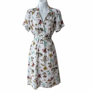 TWIK Simons Hawaii Tropical Print Shirt Dress White Rayon Summer Belted Resort S